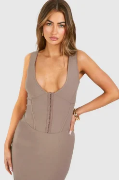 Bodycon Dresses*boohoo Plunge Corset Detail Midaxi Dress taupe