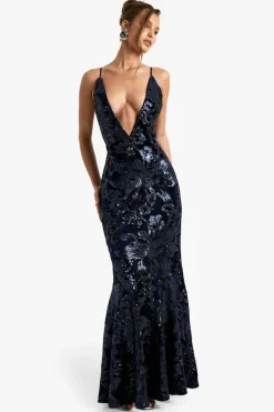 Maxi Dresses*boohoo Plunge Strappy Demask Sequin Maxi Dress navy