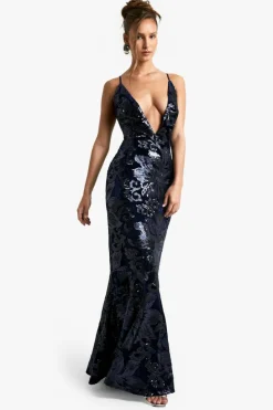 Maxi Dresses*boohoo Plunge Strappy Demask Sequin Maxi Dress navy