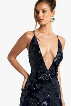 Maxi Dresses*boohoo Plunge Strappy Demask Sequin Maxi Dress navy