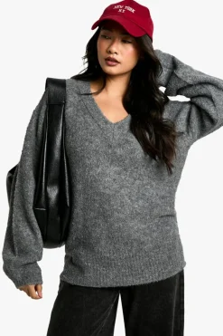 Jumper Dresses|Jumper Dresses*boohoo Plunge V Neck Borg Mini Jumper grey