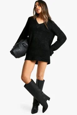 Jumper Dresses|Jumper Dresses*boohoo Plunge V Neck Borg Mini Jumper black