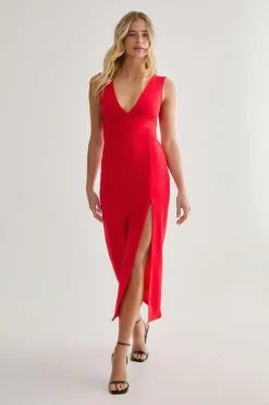 Midi Dresses*NastyGal Plunging V-Neckline Split Midi Dress red