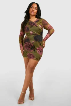 Bodycon Dresses*boohoo Plus Abstract Floral Mesh Bodycon Dress khaki