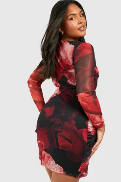 Bodycon Dresses|Mini Dresses*boohoo Plus Abstract Floral Print Mesh Bodycon Dress red