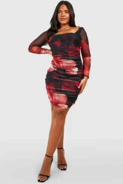 Bodycon Dresses|Mini Dresses*boohoo Plus Abstract Floral Print Mesh Bodycon Dress red