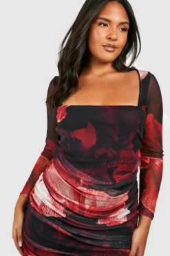 Bodycon Dresses|Mini Dresses*boohoo Plus Abstract Floral Print Mesh Bodycon Dress red