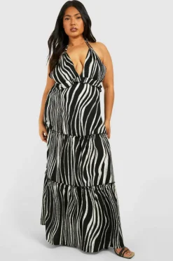 Smock Dresses*boohoo Plus Abstract Print Halterneck Tiered Maxi Dress black