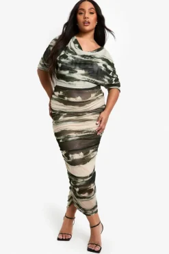 Bodycon Dresses|Midi Dresses*boohoo Plus Abstract Printed Cowl Neck Ruched Midi Dress khaki