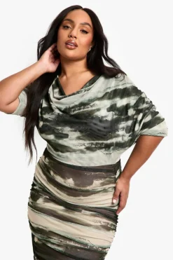 Bodycon Dresses|Midi Dresses*boohoo Plus Abstract Printed Cowl Neck Ruched Midi Dress khaki