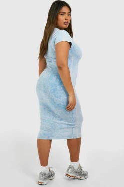 Midi Dresses*boohoo Plus Acid Wash Cap Sleeve Midi Dress ice grey