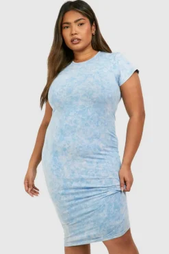 Midi Dresses*boohoo Plus Acid Wash Cap Sleeve Midi Dress ice grey
