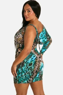 Bodycon Dresses*boohoo Plus Animal Cowl Front Ruched Mini Dress blue