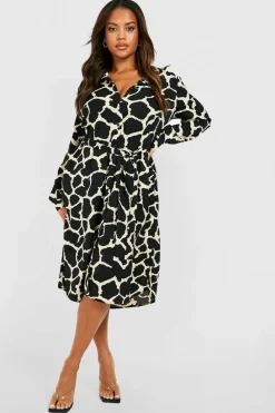 Shirt Dresses|Midi Dresses*boohoo Plus Animal Print Belted Midi Shirt Dress brown