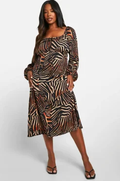 Midi Dresses*boohoo Plus Animal Print Ruched Bust Midi Dress brown
