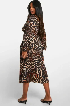 Midi Dresses*boohoo Plus Animal Print Ruched Bust Midi Dress brown