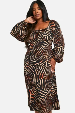 Midi Dresses*boohoo Plus Animal Print Ruched Bust Midi Dress brown