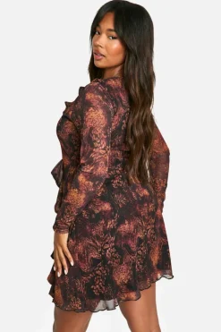 Mini Dresses|Long Sleeve Dresses*boohoo Plus Animal Print Ruffle Shift Dress brown