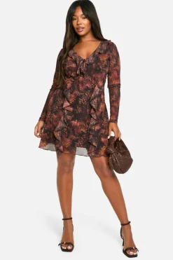 Mini Dresses|Long Sleeve Dresses*boohoo Plus Animal Print Ruffle Shift Dress brown