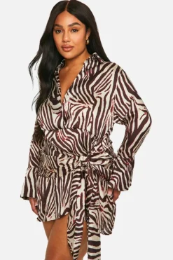 Shirt Dresses|Wrap Dresses*boohoo Plus Animal Print Tie Waist Shirt Wrap Dress brown