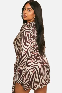 Shirt Dresses|Wrap Dresses*boohoo Plus Animal Print Tie Waist Shirt Wrap Dress brown