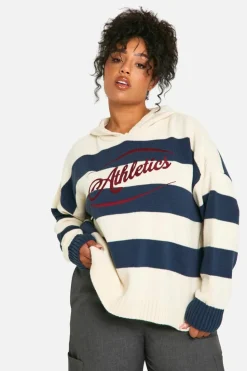 Jumpers|Up To 80% Off Winter Warmers*boohoo Plus Athletic Embroidered Oversized Knitted Hoodie navy