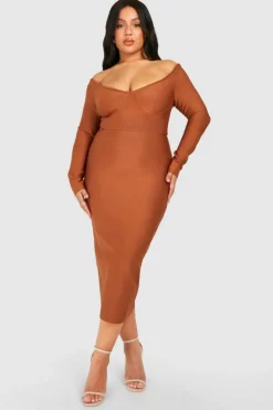 Midi Dresses*boohoo Plus Bandage Off Shoulder Long Sleeve Midi Dress chocolate