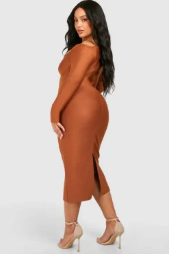 Midi Dresses*boohoo Plus Bandage Off Shoulder Long Sleeve Midi Dress chocolate