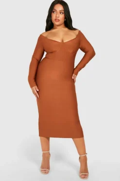 Midi Dresses*boohoo Plus Bandage Off Shoulder Long Sleeve Midi Dress chocolate