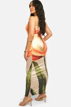 Bodycon Dresses*boohoo Plus Bandeau Floral Printed Slinky Maxi Dress orange
