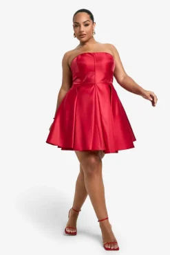 Skater Dresses*boohoo Plus Bandeau Pleated Skater Dress red