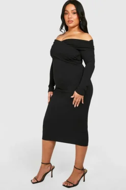 Midi Dresses*boohoo Plus Bardot Ruched Midi Dress black