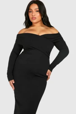 Midi Dresses*boohoo Plus Bardot Ruched Midi Dress black