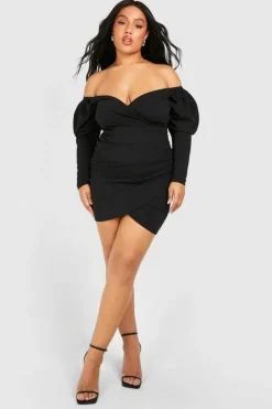 Wrap Dresses*boohoo Plus Bardot Wrap Bodycon Dress black