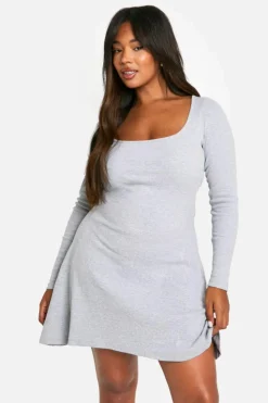 Skater Dresses*boohoo Plus Basic Rib Long Sleeve Skater grey