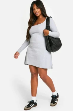 Skater Dresses*boohoo Plus Basic Rib Long Sleeve Skater grey