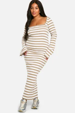 Bodycon Dresses*boohoo Plus Basic Rib Stripe Square Neck Maxi neutral
