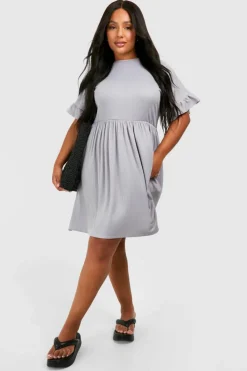Smock Dresses*boohoo Plus Basic Ruffle Sleeve Rib Smock Dress grey