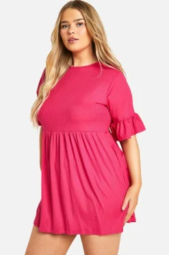 Smock Dresses*boohoo Plus Basic Ruffle Sleeve Rib Smock Dress hot pink