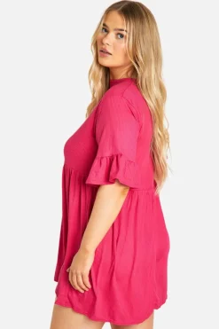 Smock Dresses*boohoo Plus Basic Ruffle Sleeve Rib Smock Dress hot pink