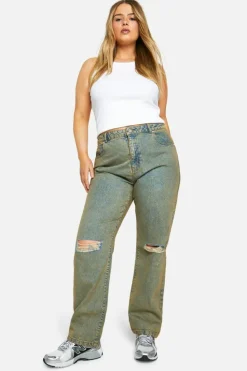 Up To 80% Off Winter Warmers|Denim*boohoo Plus Basics High Waisted Straight Leg Ripped Knee Jeans sand