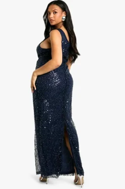 Maxi Dresses*boohoo Plus Beaded Sequin Plunge Maxi Dress navy