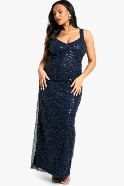 Maxi Dresses*boohoo Plus Beaded Sequin Plunge Maxi Dress navy
