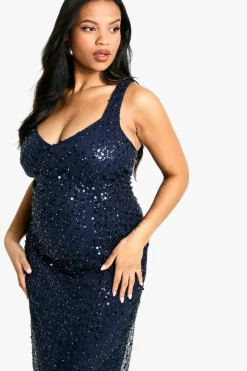 Maxi Dresses*boohoo Plus Beaded Sequin Plunge Maxi Dress navy