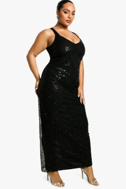 Maxi Dresses*boohoo Plus Beaded Sequin Plunge Maxi Dress black