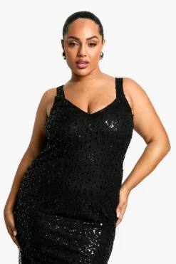 Maxi Dresses*boohoo Plus Beaded Sequin Plunge Maxi Dress black