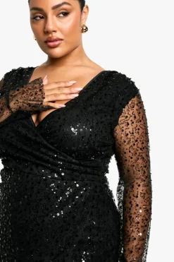 Wrap Dresses*boohoo Plus Beaded Sequin Wrap Dress black
