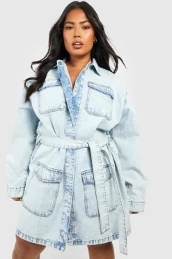 Shirt Dresses|Mini Dresses*boohoo Plus Belted Denim Shirt Dress acid wash light blue