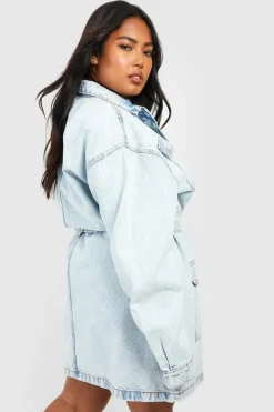 Shirt Dresses|Mini Dresses*boohoo Plus Belted Denim Shirt Dress acid wash light blue
