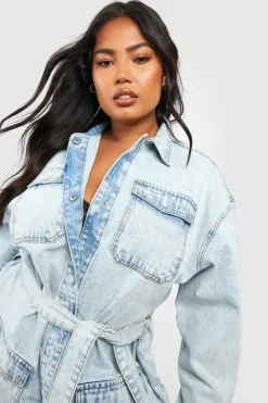 Shirt Dresses|Mini Dresses*boohoo Plus Belted Denim Shirt Dress acid wash light blue